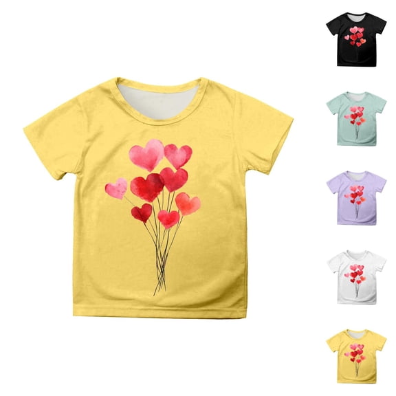 Valentine's Day Shirts for Girls Childrens Short Sleeve Printed Top Casual T Shirt Heart Graphic Shirts for February Celebrations