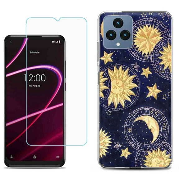 Slim-Fit Gel TPU Fashion Phone Case for T-Mobile Revvl 6 5G, with Tempered Glass Screen Protector, by OneToughShield ® - Moon Sun Star