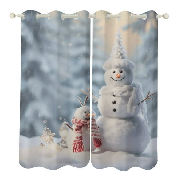 Merry Christmas Snowman Christmas Tree Blackout Curtains, Watercolor Pattern Window Treatment Grommet Curtains for Bedroom Thermal Insulated Window Curtains for Living Room 2 Panel Set