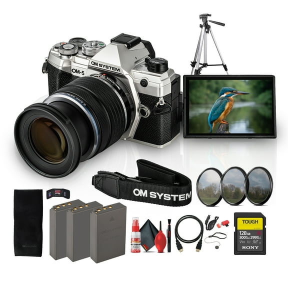OM SYSTEM OM-5 Mirrorless Camera with 12-45mm f/4 PRO Lens in Silver Bundle Including: 128 GB Memory Card, 2x Added Battery, 3-Piece Filter Kit, Tripod, Shoulder Strap, Cleaning Kit, More