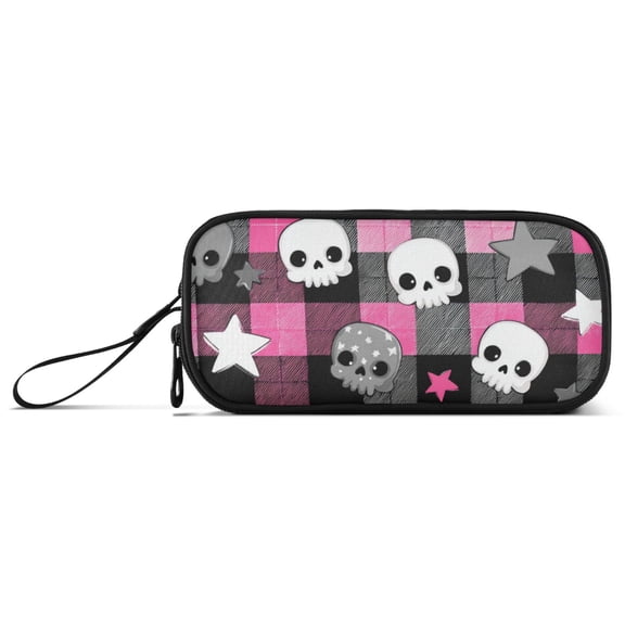 Pink Black Plaids Skulls Stars Cartoon Pencil Case Stationary Holder Pen Bag Pencil Pouch Tool Organizer 3 Compartments