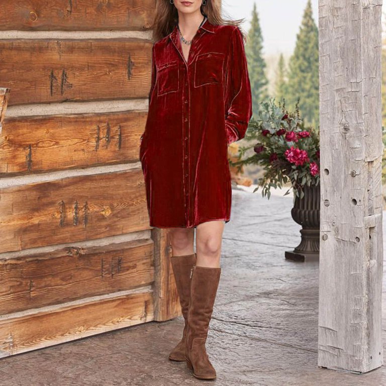 Riforla Red Golden Velvet Shirt Dress Christmas Velvet Dress Evening Dress  Party Dress for Women Dresses for Women Red S - Walmart.com