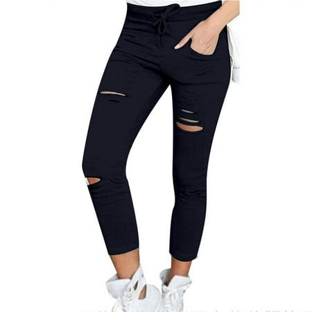 Stretch Drawstring Pant Trousers Women Hole leggings Ripped Pencil Pants Slim Stretch Drawstring Trousers Pants ()