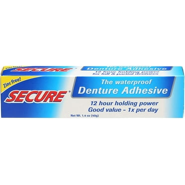 Secure Waterproof Denture Adhesive - Zinc Free - Extra Strong Hold For Upper, Lower or Partials - 1.4 oz (Pack of 1)