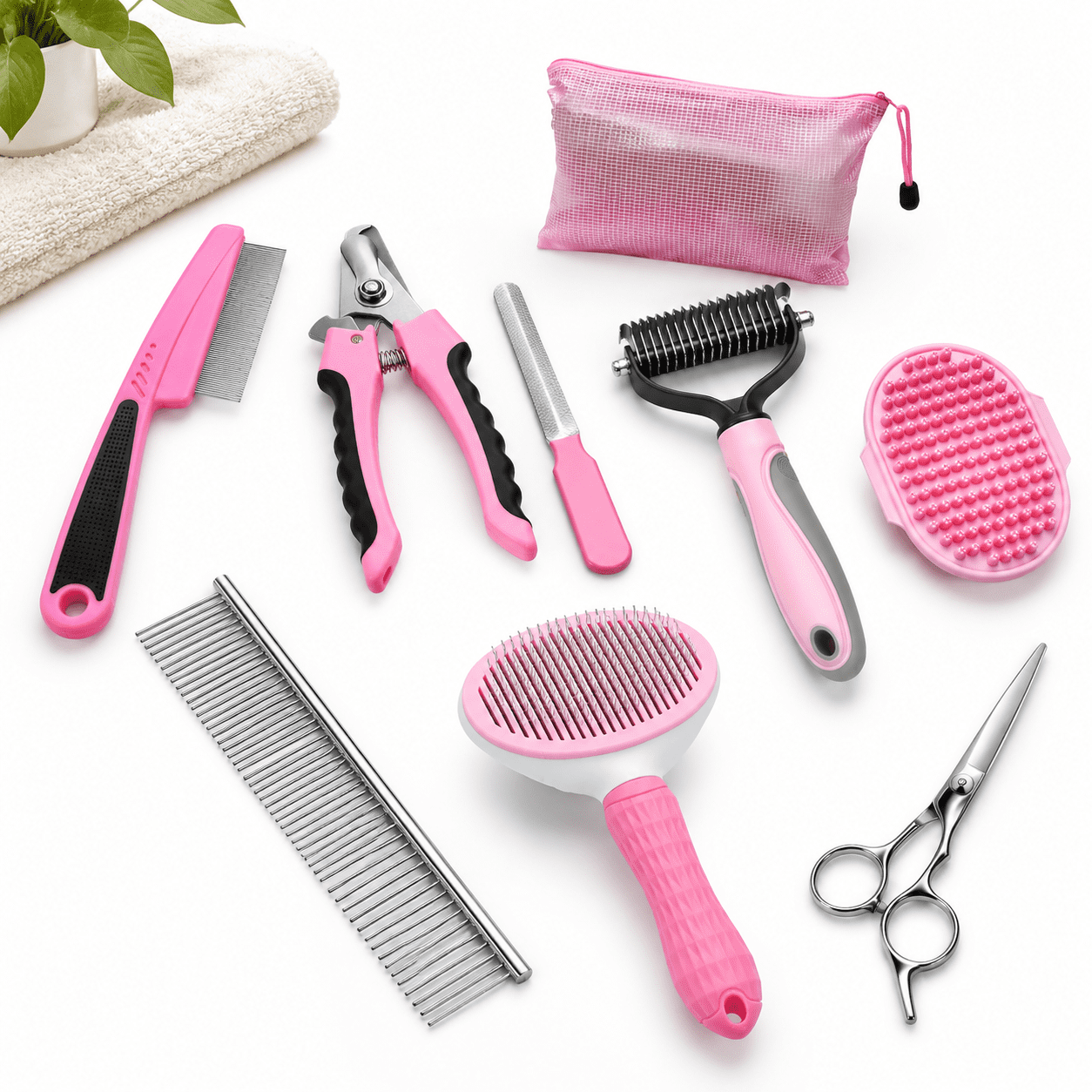 Pink 9 Pack Pet Brush Kit for Dogs and Cats Shedding Bathing Trimming Care