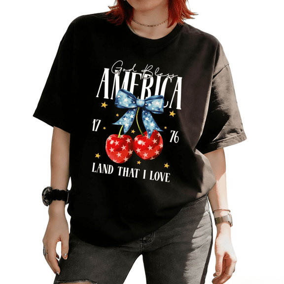 Cozymy Women's God Bless America 1776 Patriotic Cherry Bow Graphic Short Sleeve T-Shirt Casual Relaxed Fit