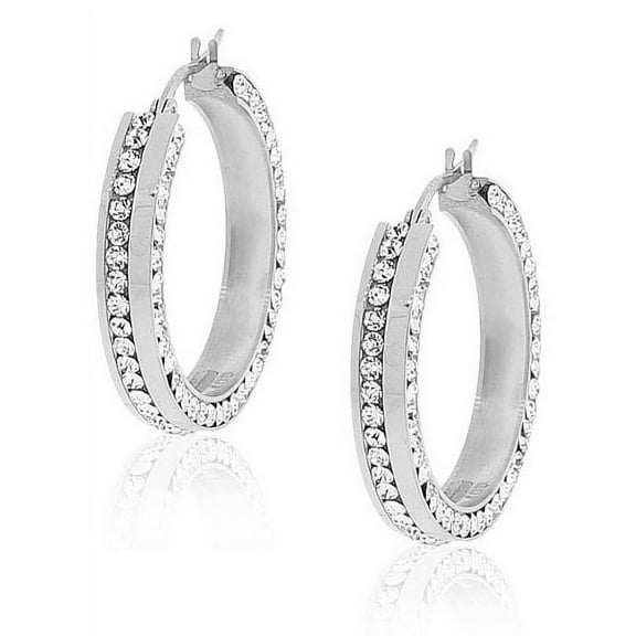 EDFORCE Stainless Steel Silver-Tone White CZ Classic Hoop Earrings 1.0" Diameter