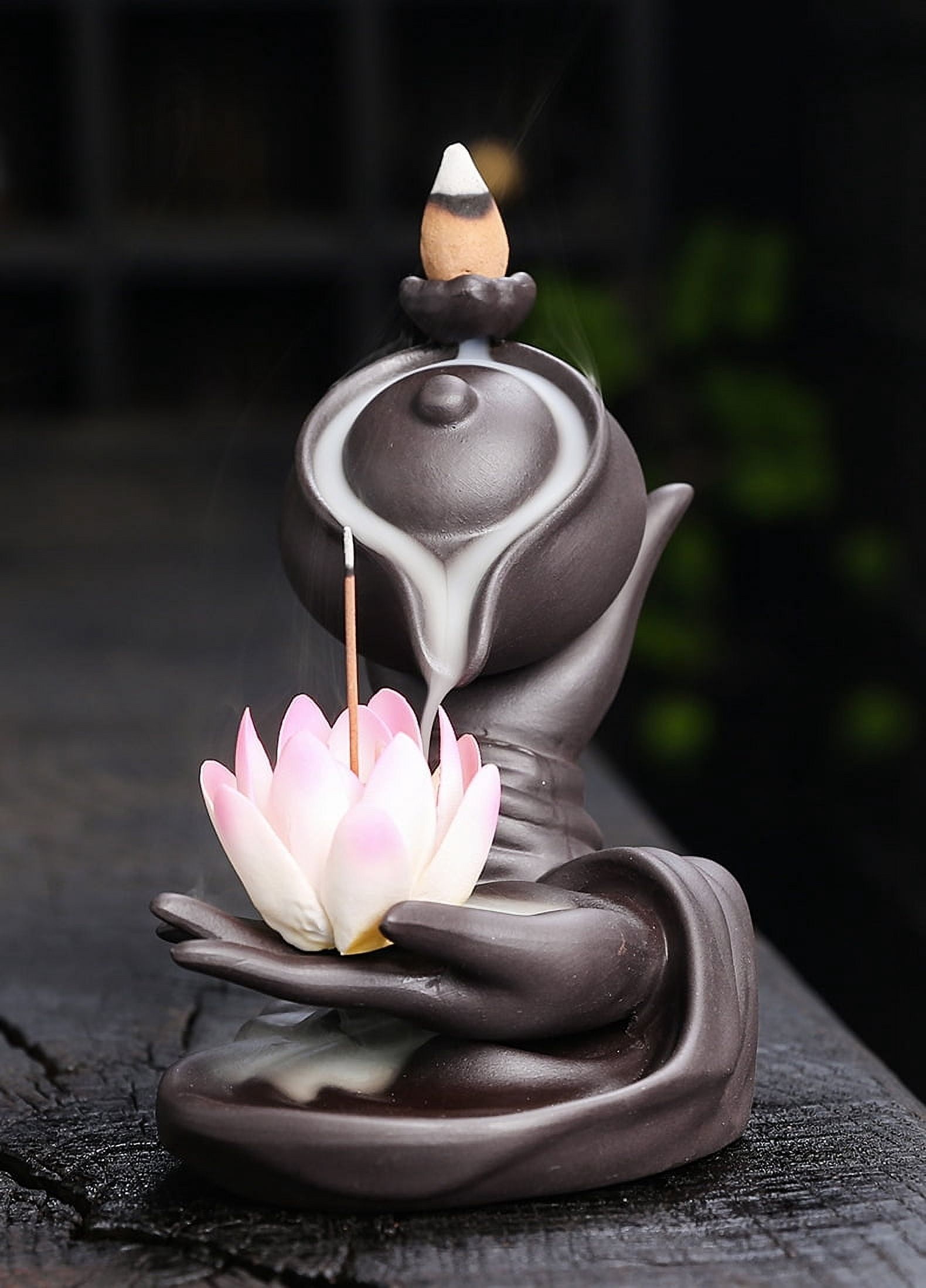 Buddha Hand Series Backflow Incense Burner Indoor Smoke Waterfall Incense Holder Creative Lotus Ceramic Incense Burner (White Lotus)