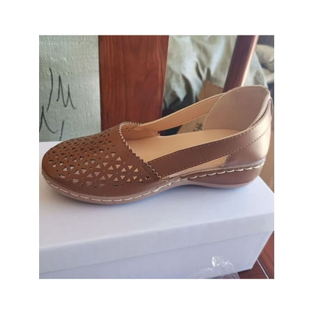 

Rotosw Women Wedges Hollow Out Sandals Slip On Shoes Soft Solid Color Party Breathable Brown 7