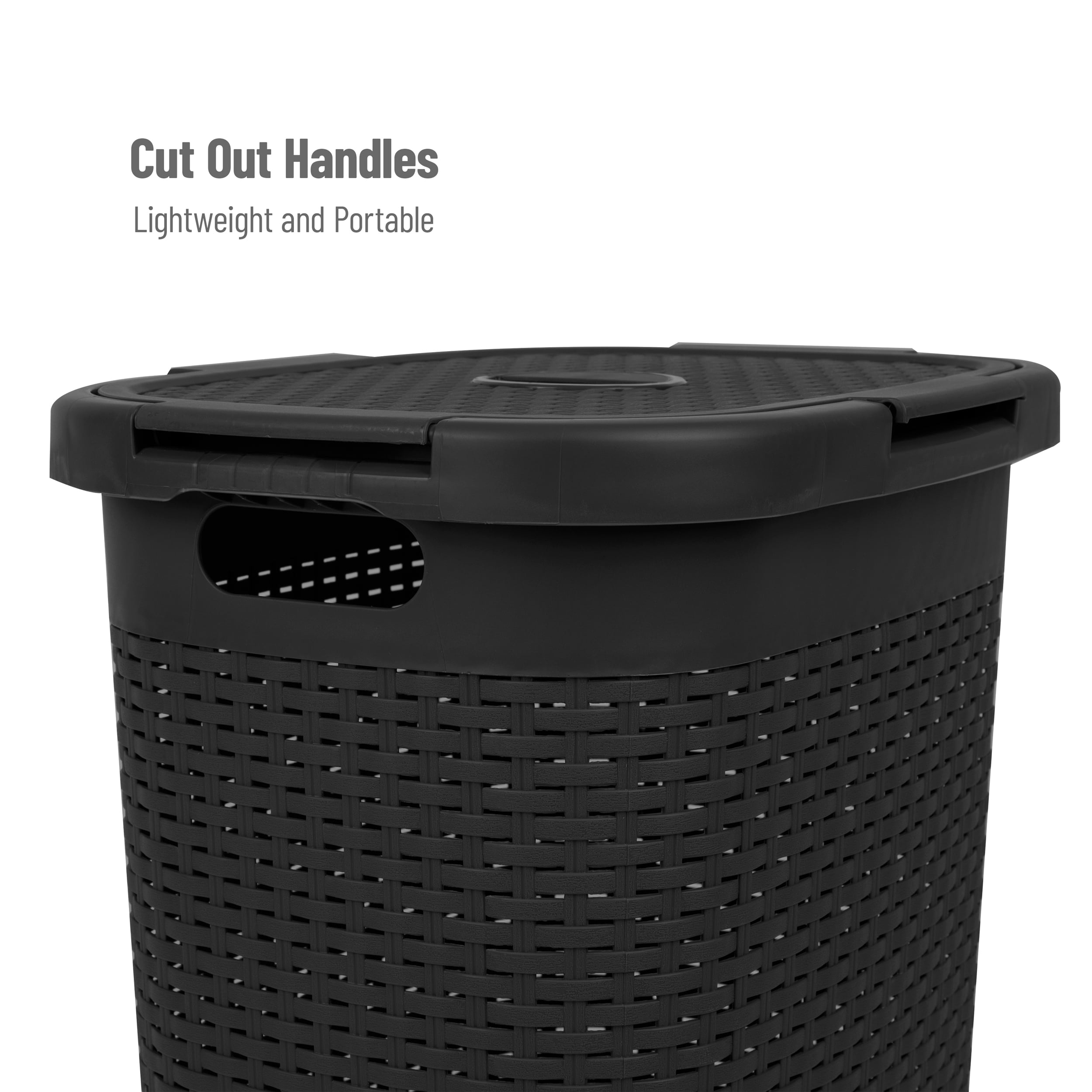Mind Reader 60L Slim Laundry Hamper, Clothes Basket, Lid, Wicker Style, Plastic, 17.65"L x 13.75"W x 24.15"H, Set of 2, Black