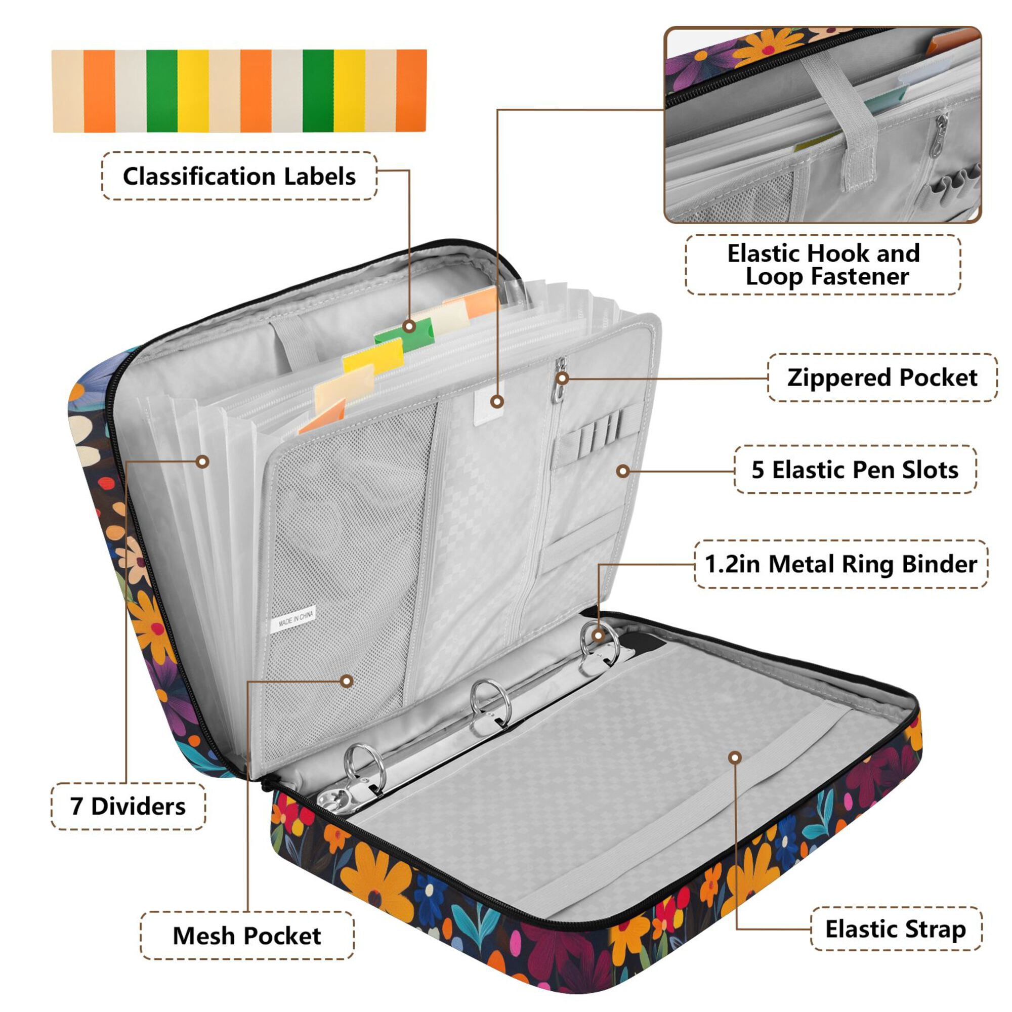 FORMRS Accordion File Folder A4 Size 7-Pocket Expanding Document Organizer Bag with 3 Ring Binder, Bright Colorful Flowers Pattern