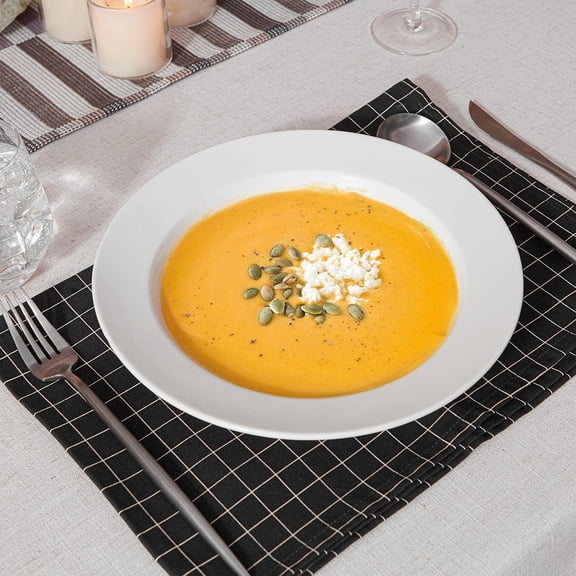 Soup and Pasta Bowls Set of 4, White Porcelain Wide Rim Salad Plates, Microwave & Dishwasher Safe