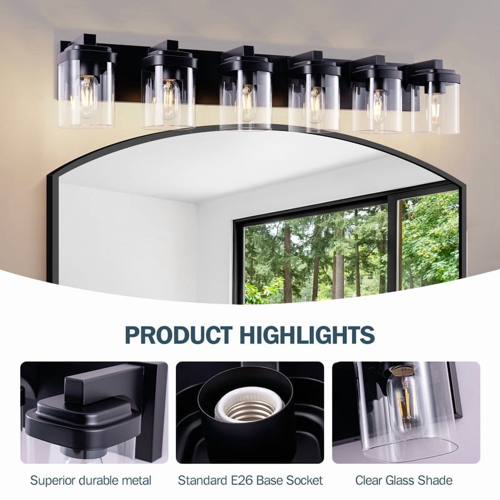TICOZE 38 Inch 6 Light Matte Black Bathroom Vanity Light with Clear Glass Shade Vanity Light Fixtures Over Mirror for Bedroom, Living Room, Hallway (No Bulbs Included)