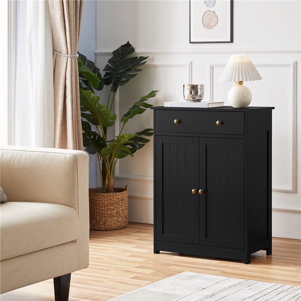 Yaheetech Modern Wooden Bathroom Floor Cabinet with Large Drawer & Double Doors, Black