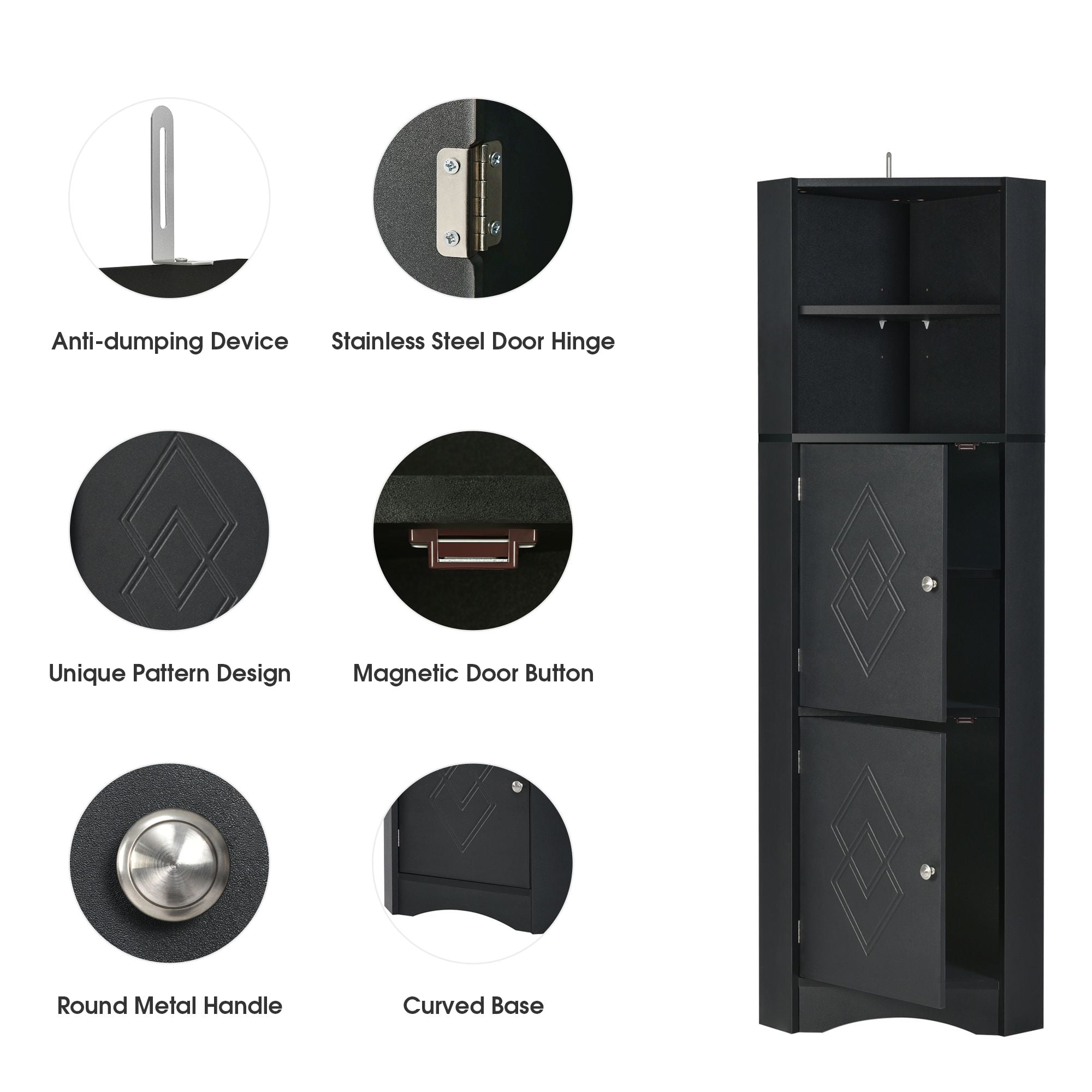 DEALTOPS Modern Tall Corner Cabinet, Freestanding Storage Cabinet with Adjustable Shelves, Black