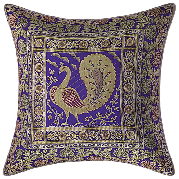 Stylo Culture Ethnic Couch Brocade Purple And Gold Throw Pillow Covers 16x16 Jacquard Weave Banarasi Sofa Colorful Pillow Covers Dancing Peacock Floral 40x40 cm Decorative Cushion Covers (1 Pc)