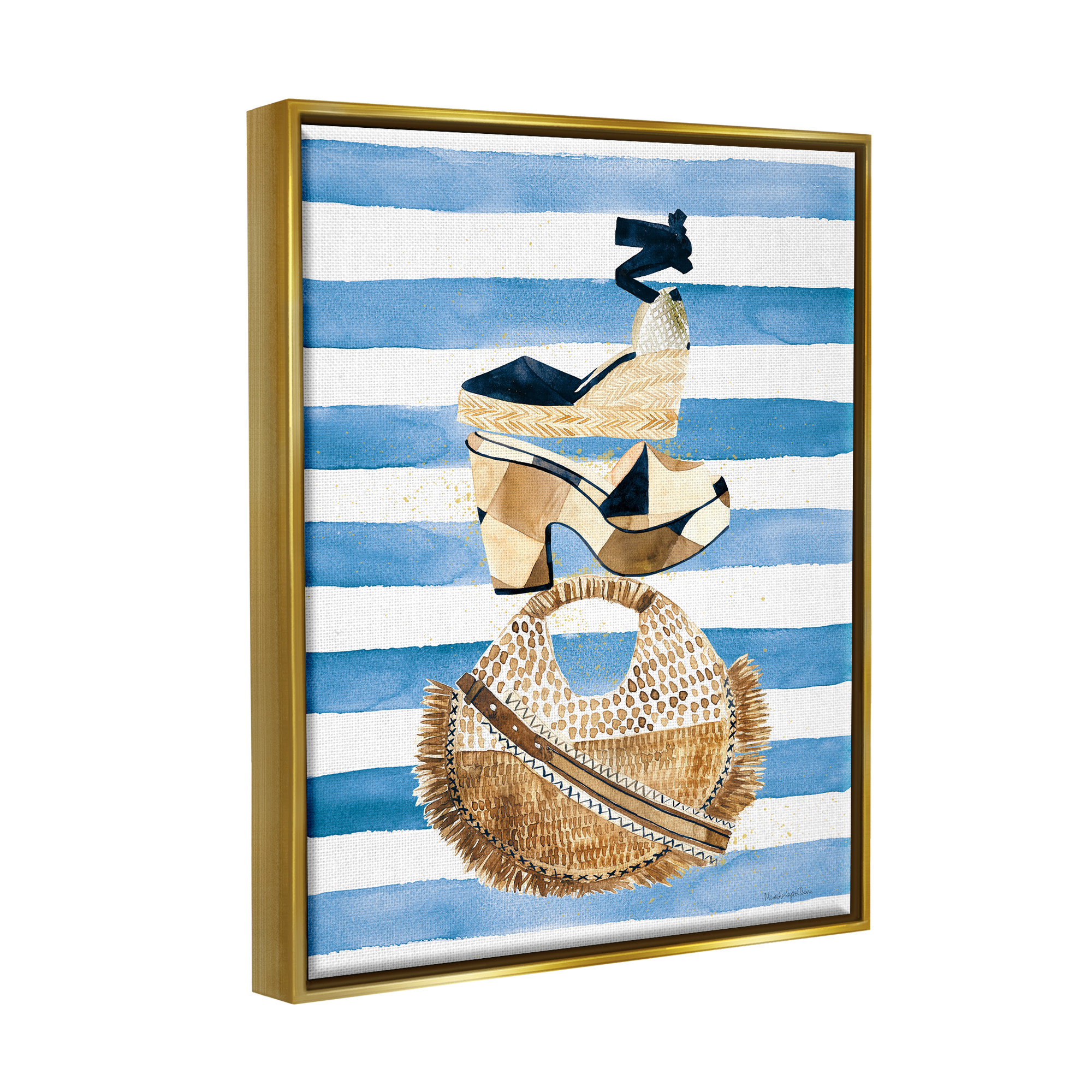 Stupell Industries Stacked Fashion Shoes Beauty & Fashion Painting Gold Floater Framed Art Print Wall Art, 17 x 21