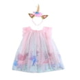 thumbnail image 1 of Little Girls Summer Dress Lace Mesh Ruffle Unicorn Pattern Sleeveless Mesh Multi-Layer Cute Sweet Princess Dress with Unicorn Hair Band, 1 of 3