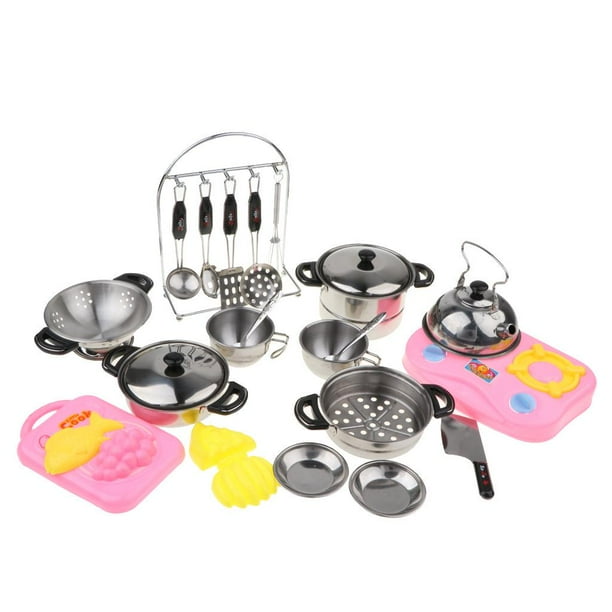 27 piezas de utensilios de cocina de juego de simulación, , sartenes y utensilios de acero inoxidable, juguete de cocina para , desarrollo d Zulema Los niños simulan jugar juguete