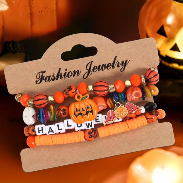 Juego de pulseras de Halloween: pulseras góticas de cuentas en capas con dijes de fantasma, telaraña y calabaza | Pulseras elásticas apilables para mujer | Accesorios y regalos de joyería