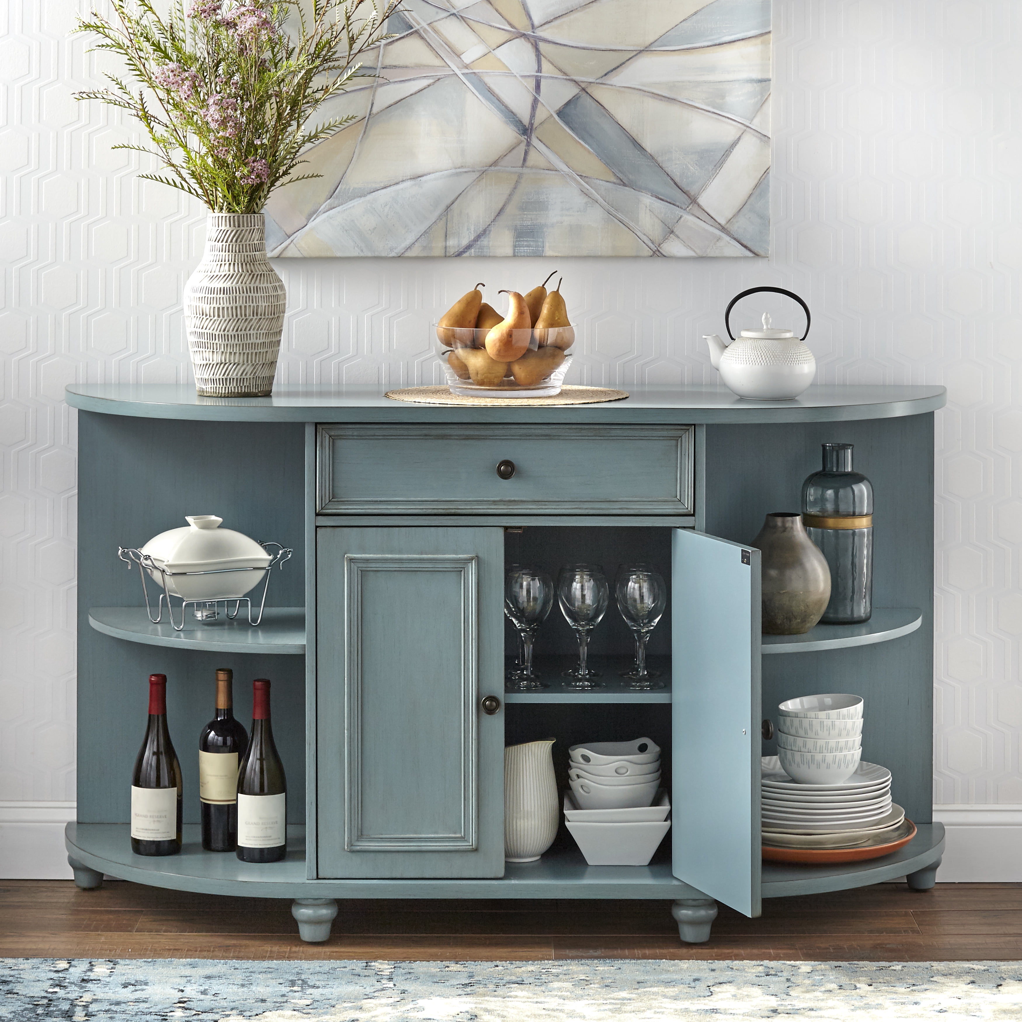 TMS Grace 60” Wide Open Shelf Farmhouse Kitchen/Dining Room Sideboard, Antique Blue