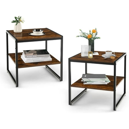 CRXX End Table Set of 2, Industrial 20” Side Table with Open Storage Shelf & Metal Frame, Square Bedside Accent Table Nightstand for Bedroom Easy Assembly, Rustic Brown