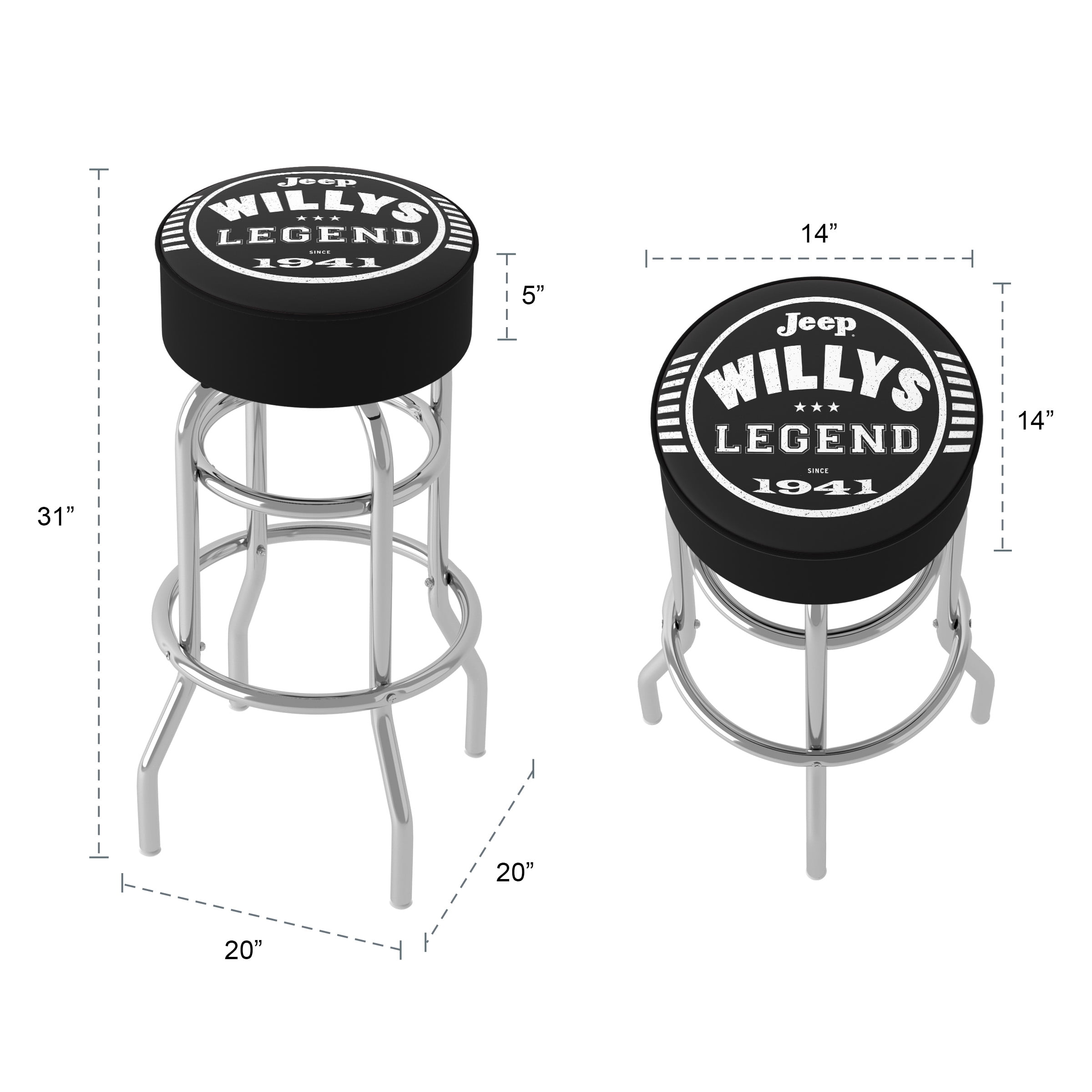 Trademark Gameroom Jeep Willys Legend Black Bar Stool with Padded Seat