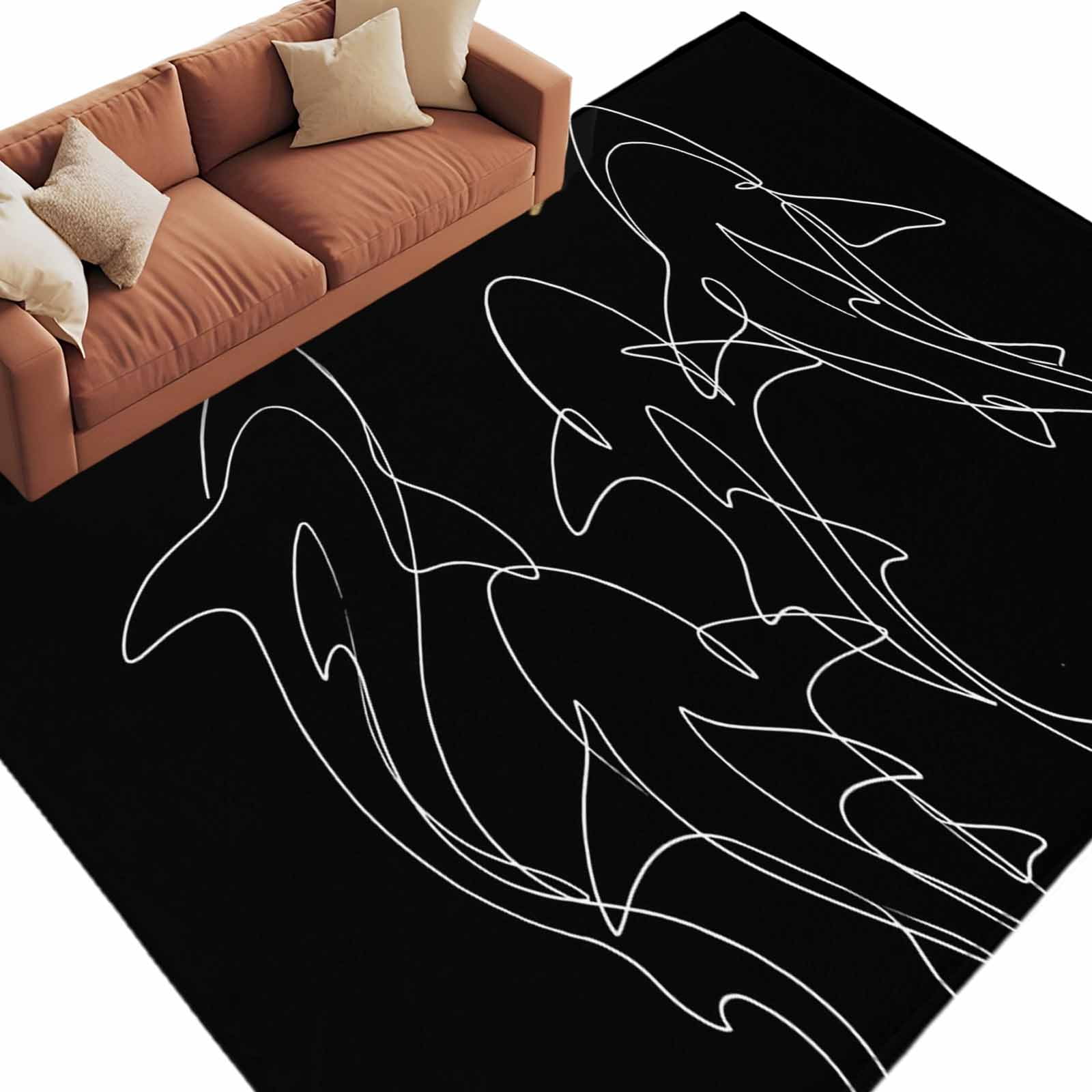 Rectangle Rug 5x8ft Area Rug Abstractions Black White Line Sharks Area Rugs for Living Room Bedroom Marine Life Floor Mat Non-Slip Non-Shedding Carpet Indoor Accent Rugs