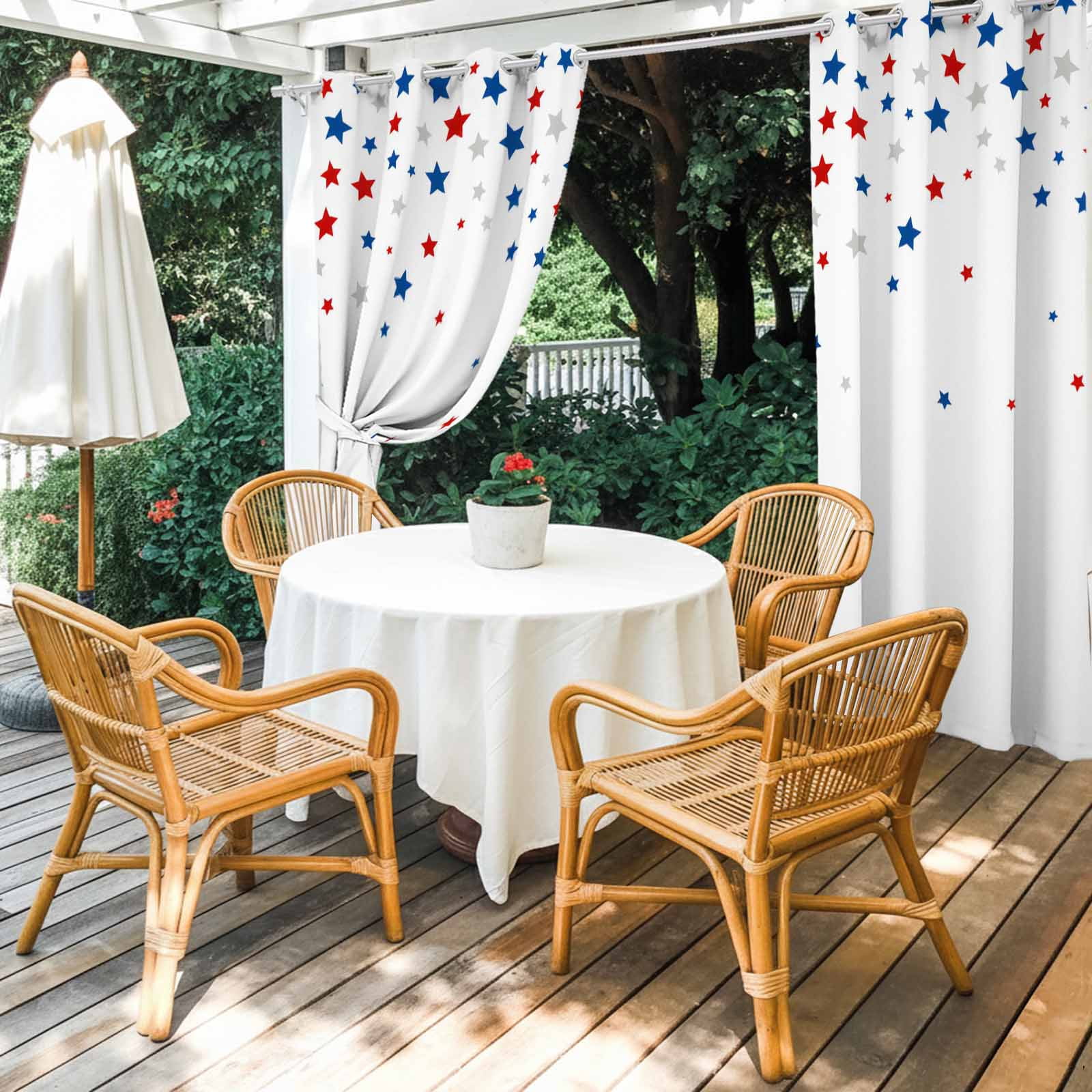 Independence Day Outdoor Curtains for Patio, Day 4th of July Ombre Blue Red Gray Star on White Sunshade Privacy Drapes Grommet Waterproof Outside Curtains for Porch/Cabana/Balcony 54"x 108", 1 Panel