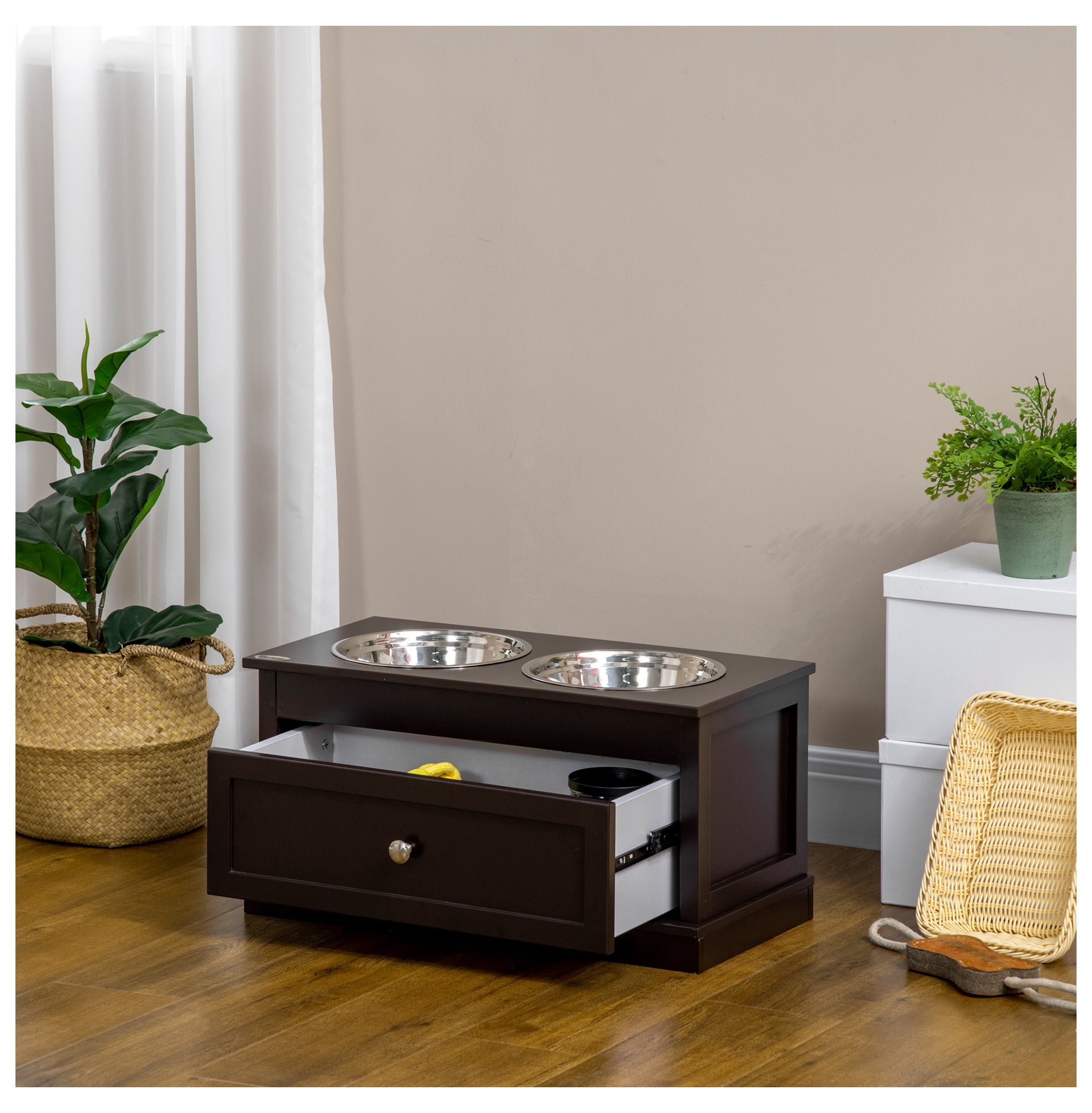 Large Elevated Dog Bowls with Storage, Raised Dog Feeder Stand, Stainless Steel Bowls, 11L Drawer, Pet Feeding Station for Large Dogs, Brown