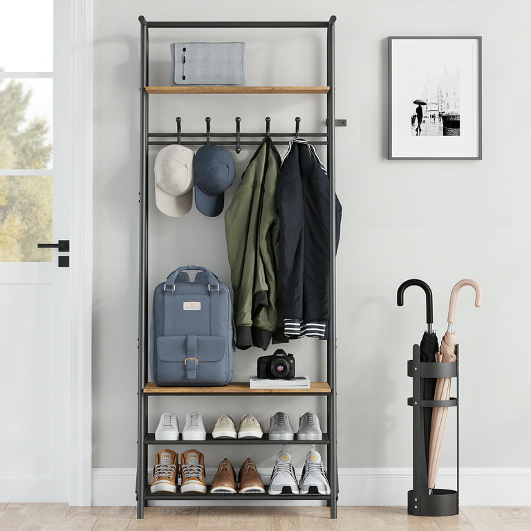 Hall Tree with Shoe Storage Bench, Coat Rack with 7 Hooks,Interchangeable 4 Tier Side Storage Shelves, Small Cute Side Bench,Industrial 5-in-1
