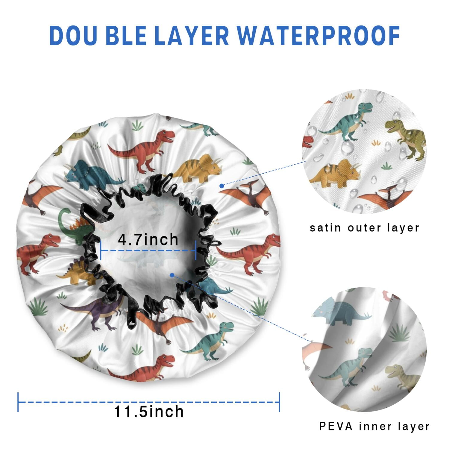 Shower Caps,White Dinosaurs Pterosaurs Plants Pattern Waterproof Shower Cap for Women 4 Pieces,Double Reusable Hair Cover for Shower PEVA Elastic Stretch Hem