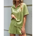 thumbnail image 3 of Conjunto de traje de mujer Cuello vuelto Camisa de manga corta Pantalones cortos Color puro Conjunto de ropa de verano Verde XL, 3 of 6