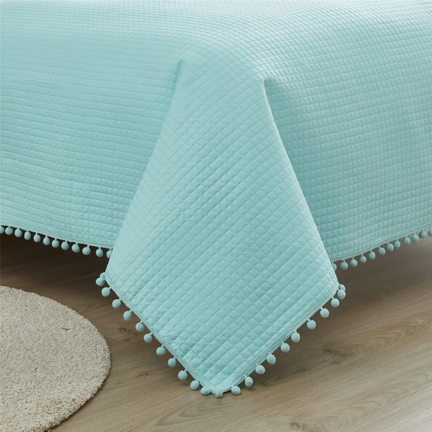 DBOZE Boho Pom Pom Ball Fringe Full Quilt Sets, 3 Pieces Blue Lightweight Down Alternative Bedding Quilt Sets for all seasons
