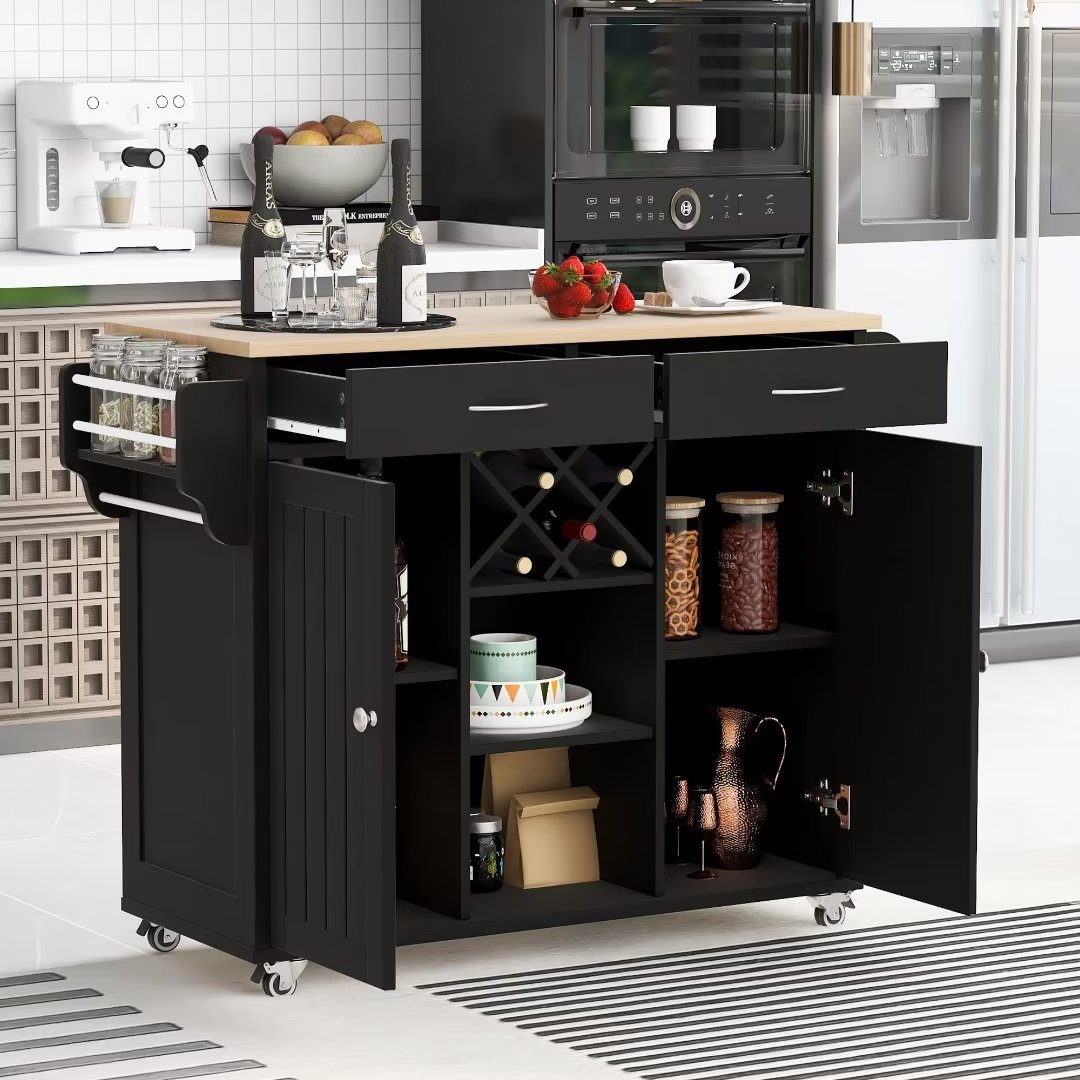 Mobile Kitchen Island Cart with 2 Storage and Wine Rack