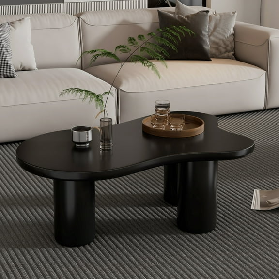 ON-TREND 44'' x 25.9'' Easy Assembly Cloud Coffee Table with 1.5'' Thick Tabletop, Cream Style Irregular End Table with 3 Sturdy Legs, Sleek Center Table with Round Edge for Living Room, Black