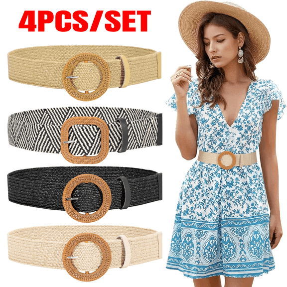 4pcs Straw Woven Belts Elastic Stretch Belts Women Raffia Dress Waist Band Boho Ladies Braided Dress Belts