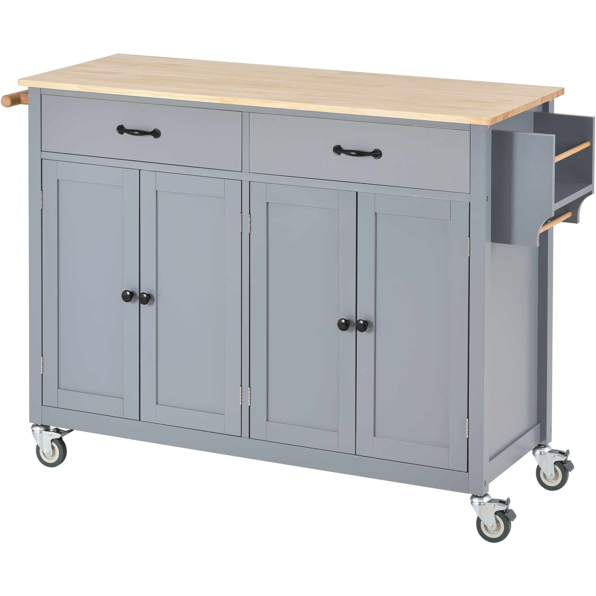 AVAXA 54.3 Inch Width Kitchen Island Cart with Solid Wood Top and Locking Wheels, 4 Door Cabinet and Two Drawers, Spice Rack, Towel Rack, Gray