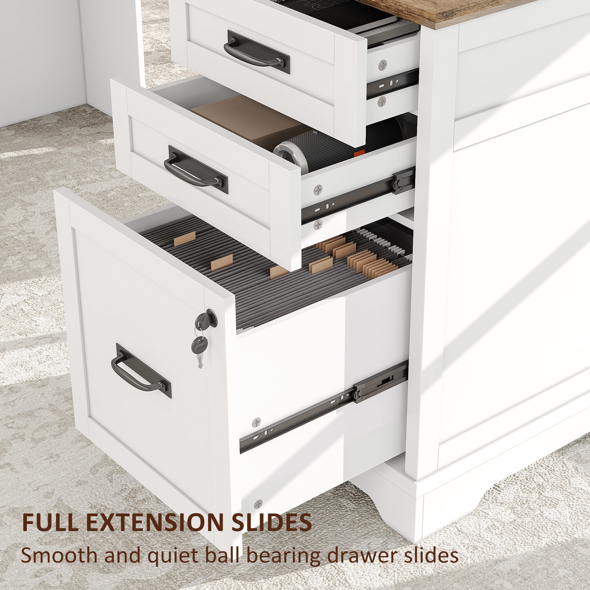 67'' Farmhouse L Shape Desk with File Drawers and Charging Station for Home Office, White