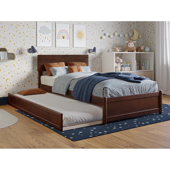 Twin Platform Bed with Trundle - USB Charging, Adjustable Headboard, Walnut Finish