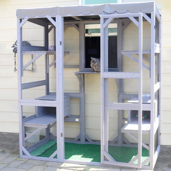 MEDEHOO Catio Outdoor Cat Enclosure Large Walk in Window Cat House for Mulitiple Cats with 7 Platforms and 2 Resting Box,Tarp Roof,71 inch