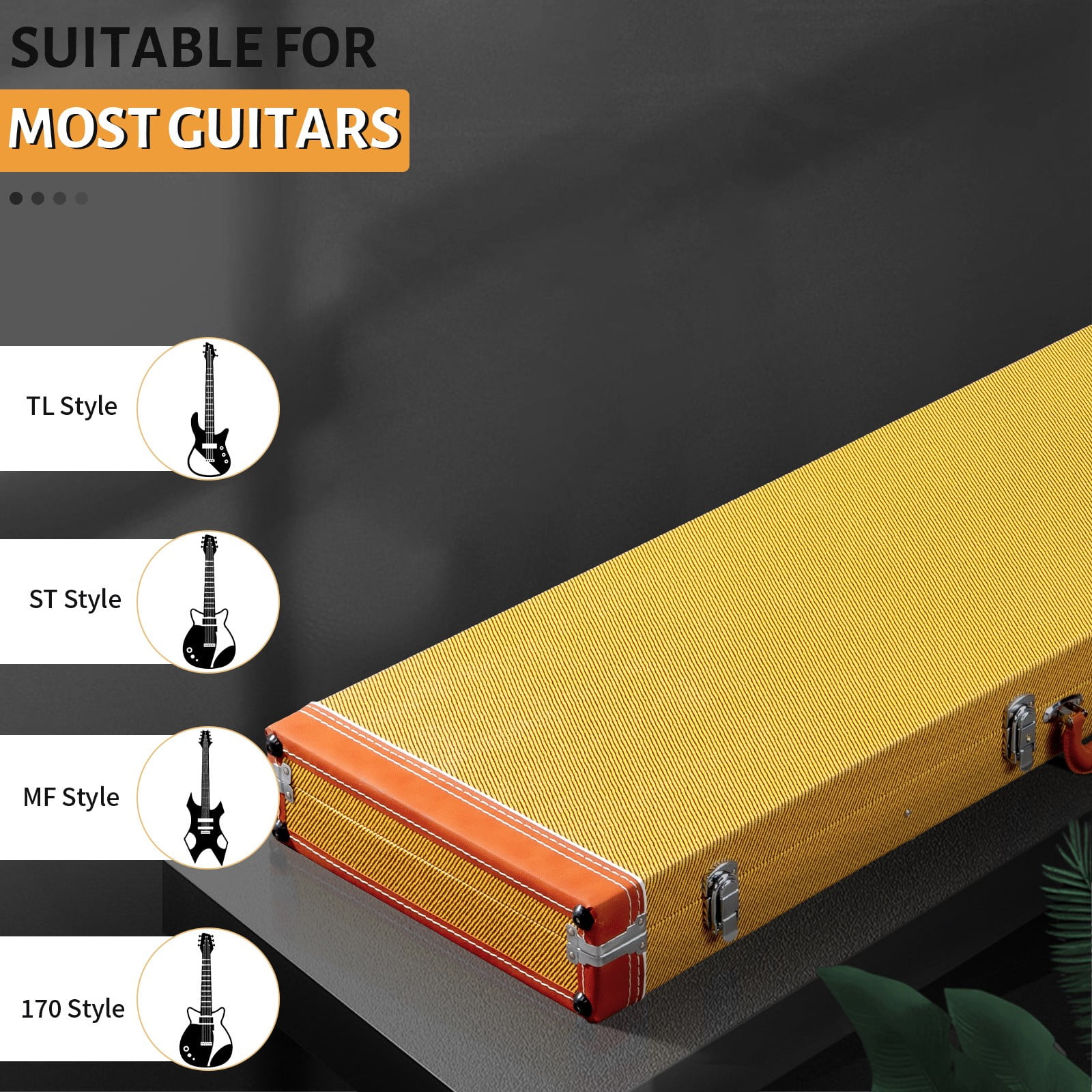 HarmonyStrings Electric Guitar Square Hard Case w/ Hardware & Lock Yellow with plush lined interior that includes extra neck and bridge padding Large interior storage compartment for accessories