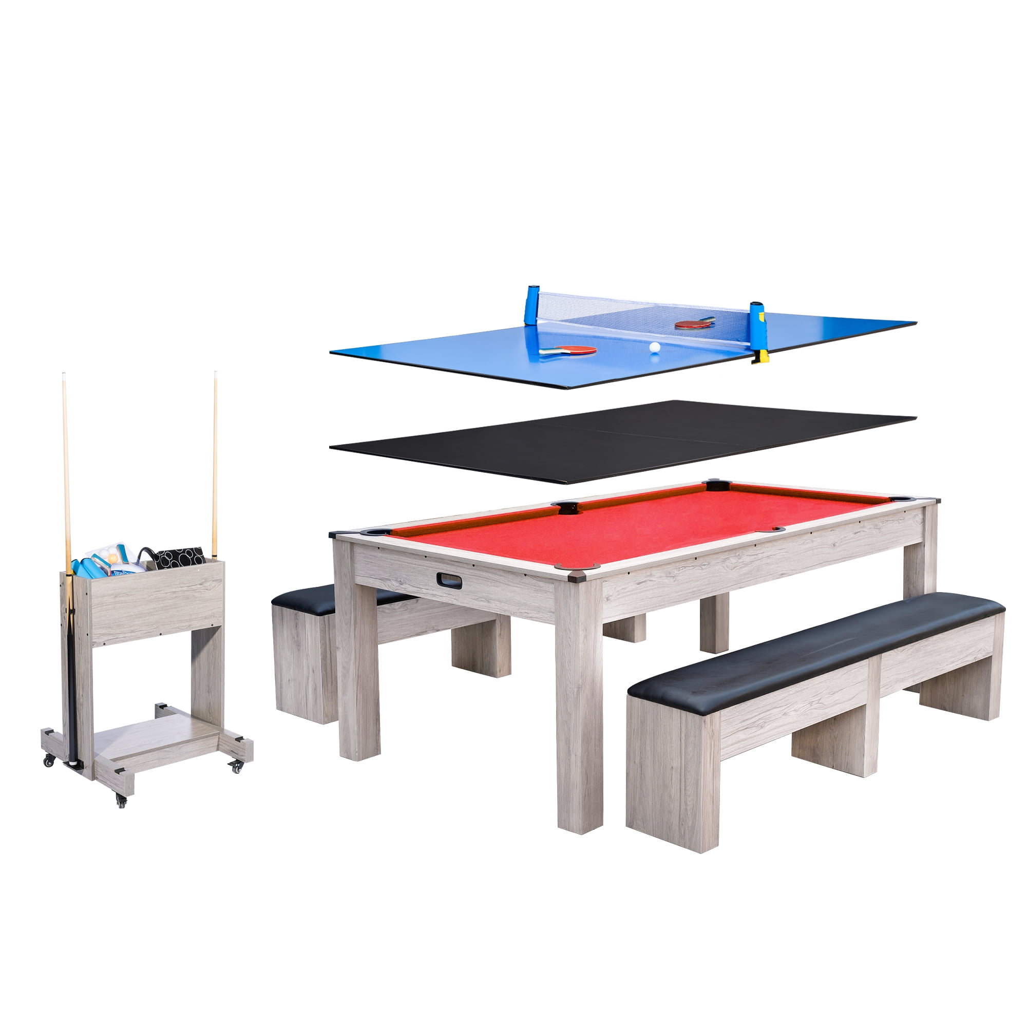 7FT 3-in-1 Pool Table with Dining Top & Table Tennis, Multi Game Billiard Table Set with HDF Wood Grain Finish, Includes Cues, Balls, Ping Pong Paddles and Rolling Storage Caddy