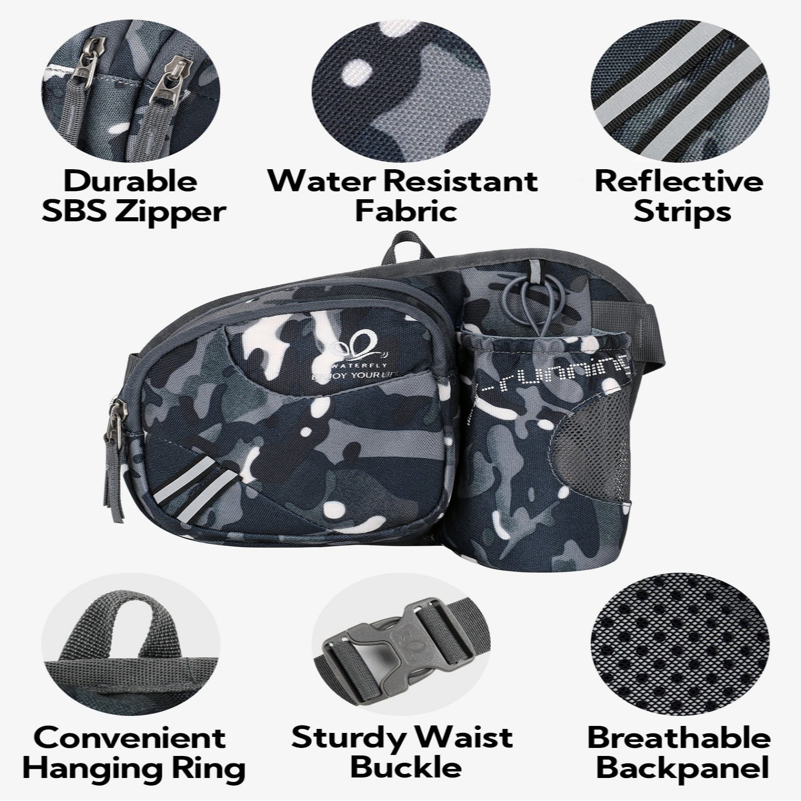 WATERFLY Unisex 3.5L Nylon Fanny Packs with a Water Bottle Holder Travelling Hiking Walking,Black camouflage