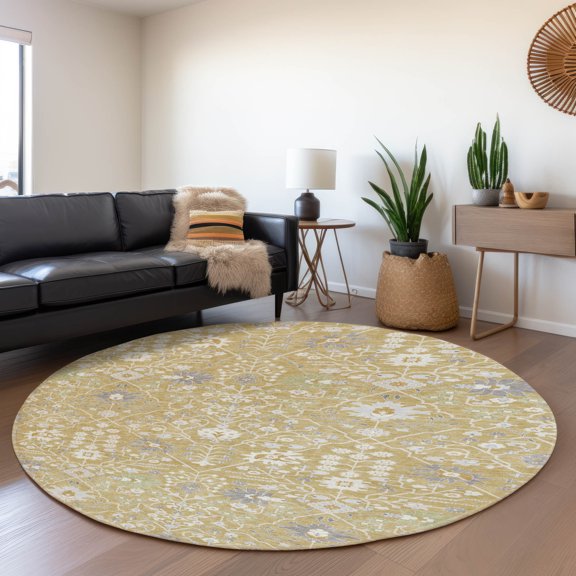 Addison Rugs Mayfield Premium Machine Washable Traditional Oriental Gold Round Rug, 8' x 8'