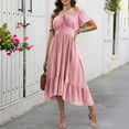 thumbnail image 7 of ClodeEU Women's Off Shoulder Puff Short Sleeve Waist Tie Irregular Midi Dress,Casual Summer Swing Dress Pink,Women's Plus S, 7 of 7