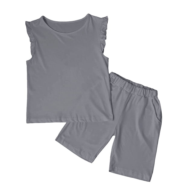 Hiiyo Big Girls 2Pcs Outfits Solid Tank Top and Shorts Set for Children