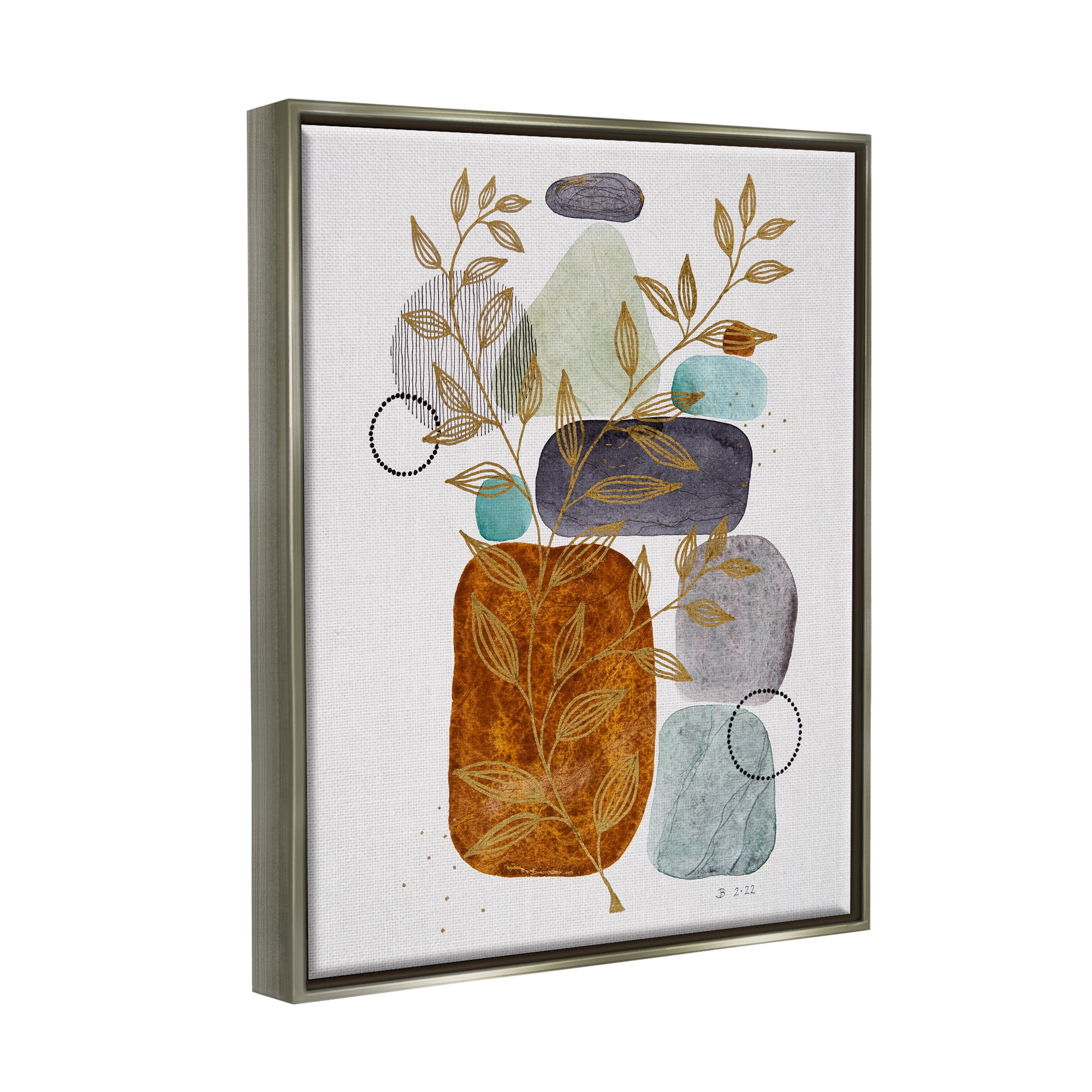 Stupell Industries Modern Pebbles & Botanicals Botanical & Floral Painting Gray Floater Framed Art Print Wall Art, 17 x 21