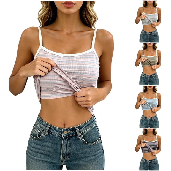 Women's Tank Tops with Built in Bras Spring and Summer Striped Camisole Top with Bra Pads Suitable Outerwear Backless Tank Tops