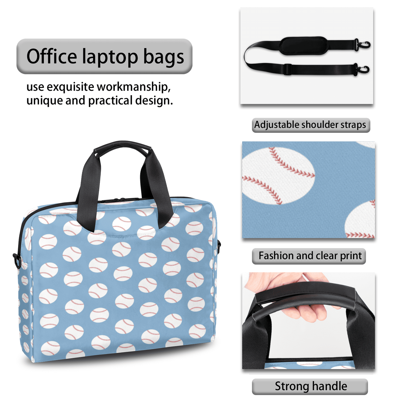 Herdesigns Baseball Blue Laptop Bag for Women Men, Computer Case Briefcase Messenger Bags, 15-15.6 inch Laptop Sleeve Shoulder Bag